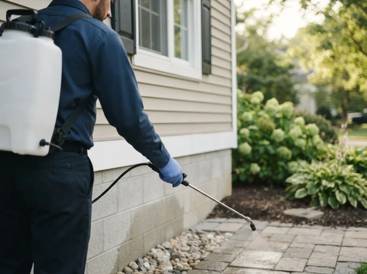 Pest control technician inspecting a home in Truxton, NY